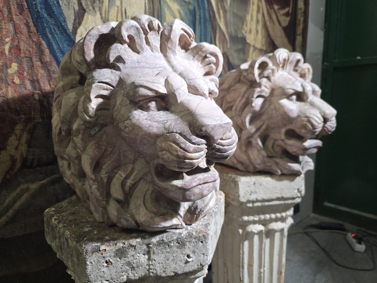 Paire de têtes de lion en marbre italien veiné de rouge, sculptées au XIXe siècle (style Grand -photo-7