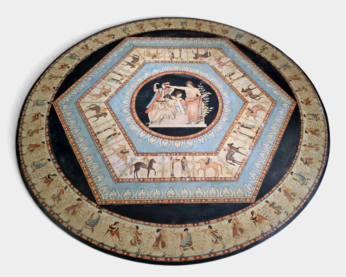 Table ronde italienne en marbre du début du XXe siècle avec motifs grecs classiques peints à la-photo-2