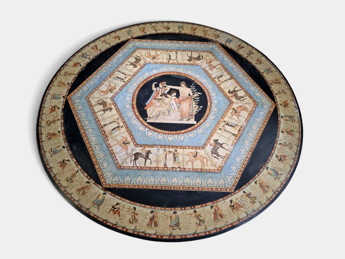 Table ronde italienne en marbre du début du XXe siècle avec motifs grecs classiques peints à la-photo-3