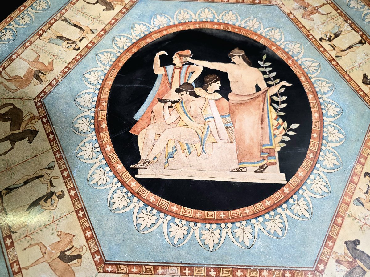 Table ronde italienne en marbre du début du XXe siècle avec motifs grecs classiques peints à la-photo-4