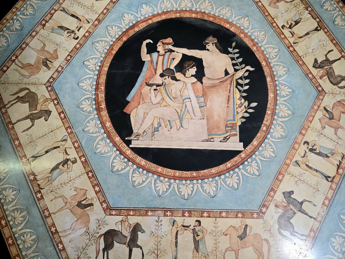 Table ronde italienne en marbre du début du XXe siècle avec motifs grecs classiques peints à la-photo-5