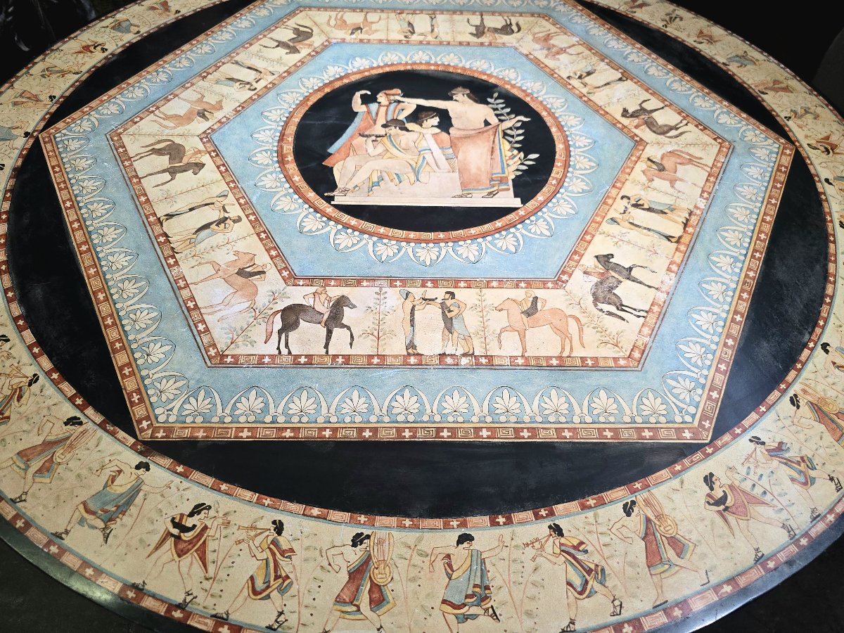 Table ronde italienne en marbre du début du XXe siècle avec motifs grecs classiques peints à la-photo-7