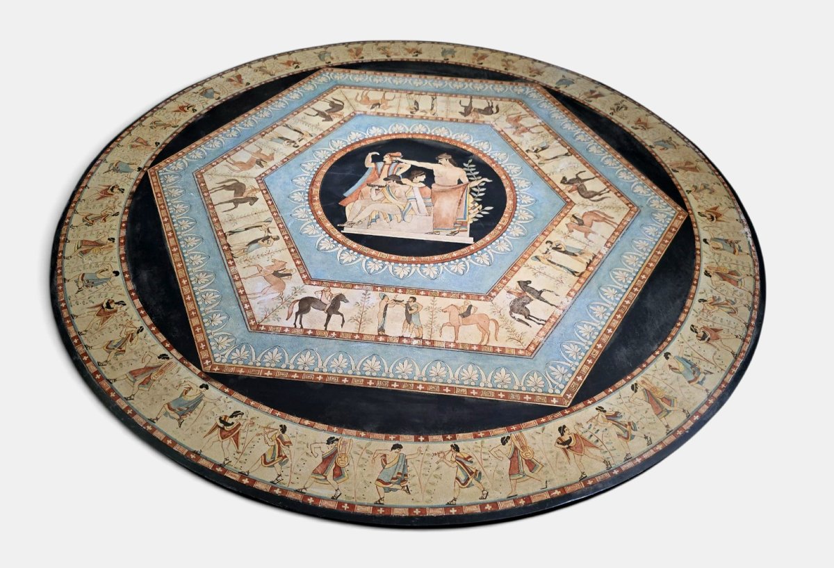 Table ronde italienne en marbre du début du XXe siècle avec motifs grecs classiques peints à la-photo-8