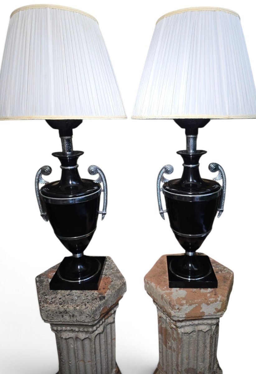 Paire de lampes Art Déco du début du XXe siècle en métal peint en noir avec poignées chromées-photo-2