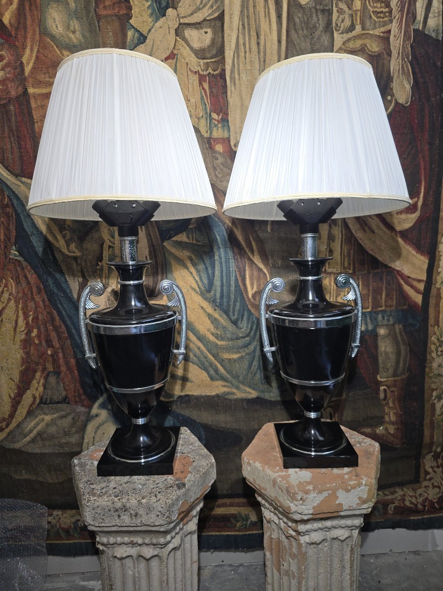 Paire de lampes Art Déco du début du XXe siècle en métal peint en noir avec poignées chromées-photo-3