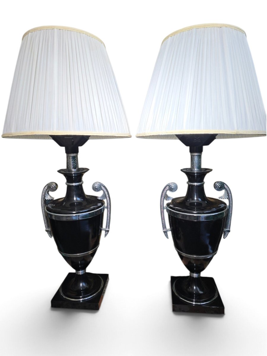 Paire de lampes Art Déco du début du XXe siècle en métal peint en noir avec poignées chromées-photo-4
