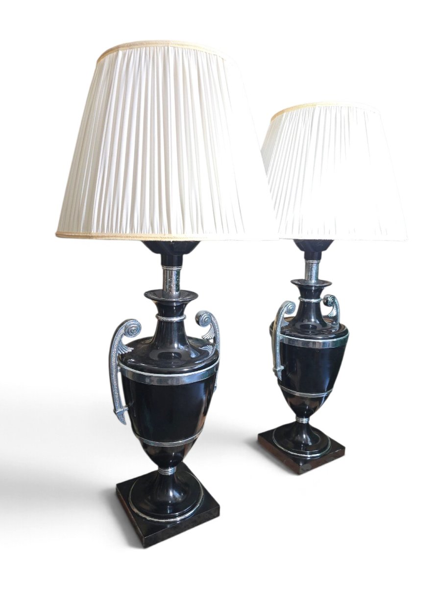 Paire de lampes Art Déco du début du XXe siècle en métal peint en noir avec poignées chromées-photo-6
