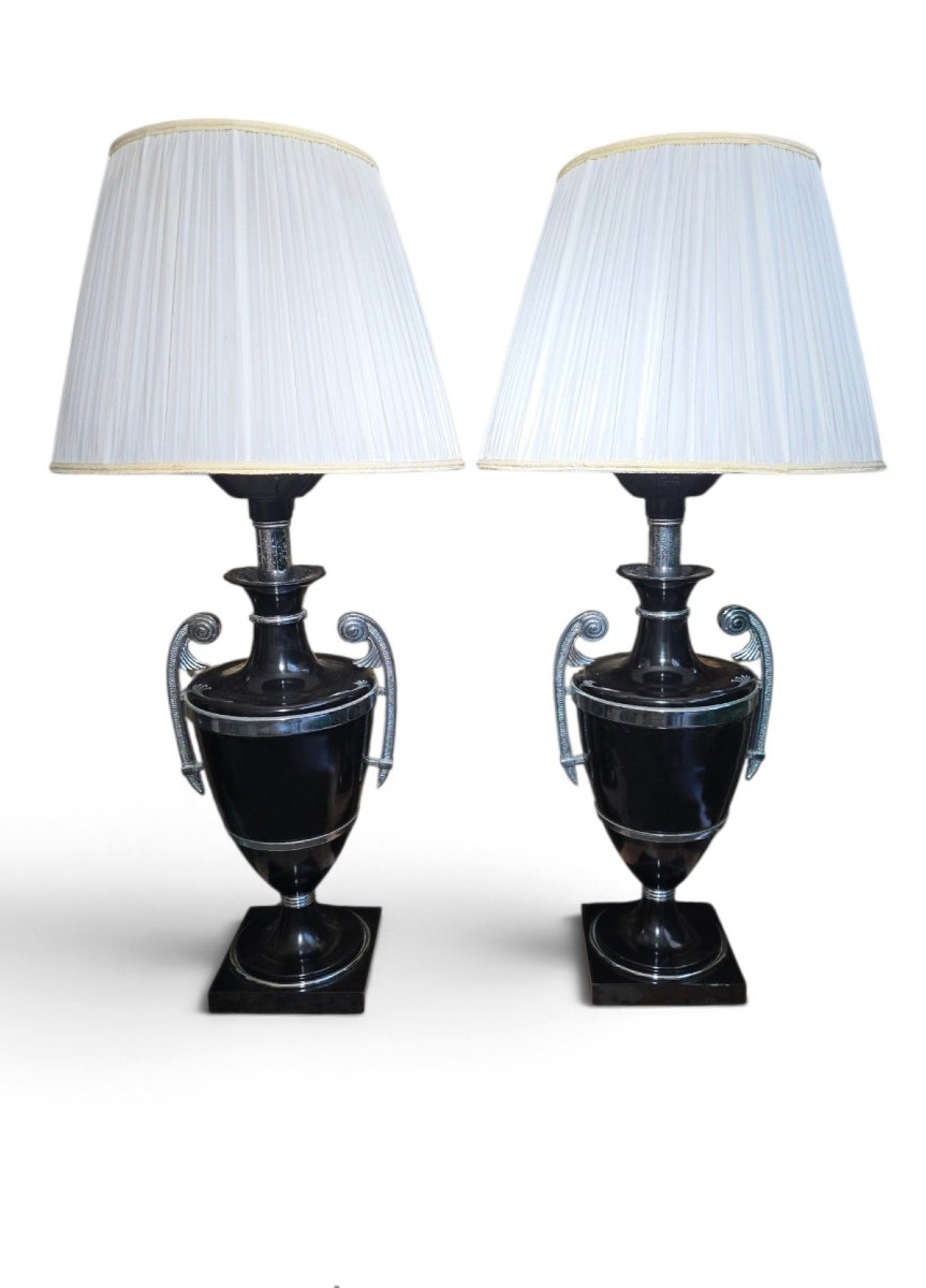 Paire de lampes Art Déco du début du XXe siècle en métal peint en noir avec poignées chromées-photo-7