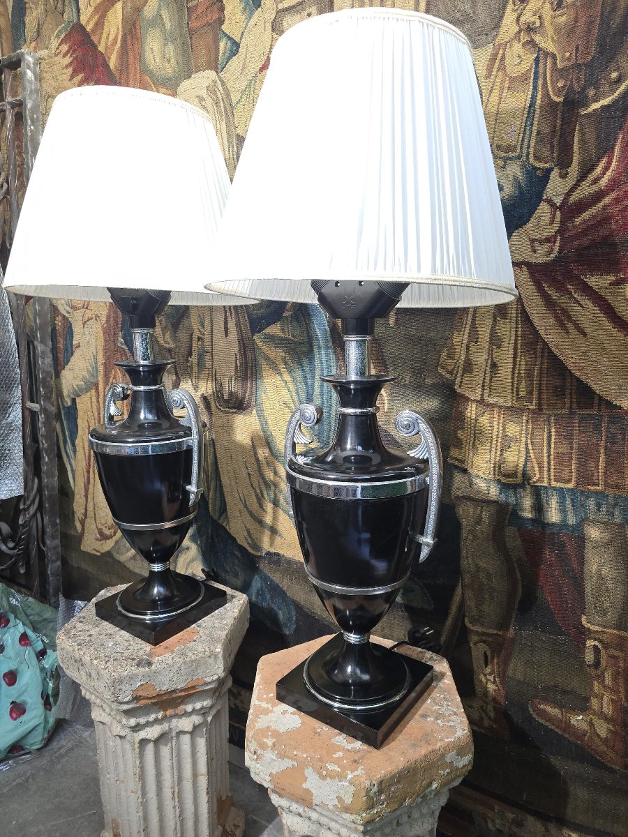 Paire de lampes Art Déco du début du XXe siècle en métal peint en noir avec poignées chromées-photo-2