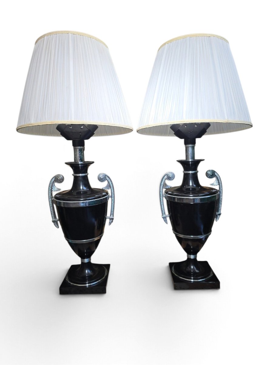 Paire de lampes Art Déco du début du XXe siècle en métal peint en noir avec poignées chromées-photo-4