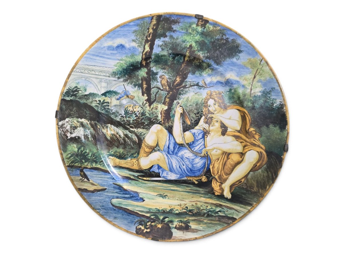 plat en majolique italienne de style « istoriato » (fin du XIXe siècle) représentant Renaud et 