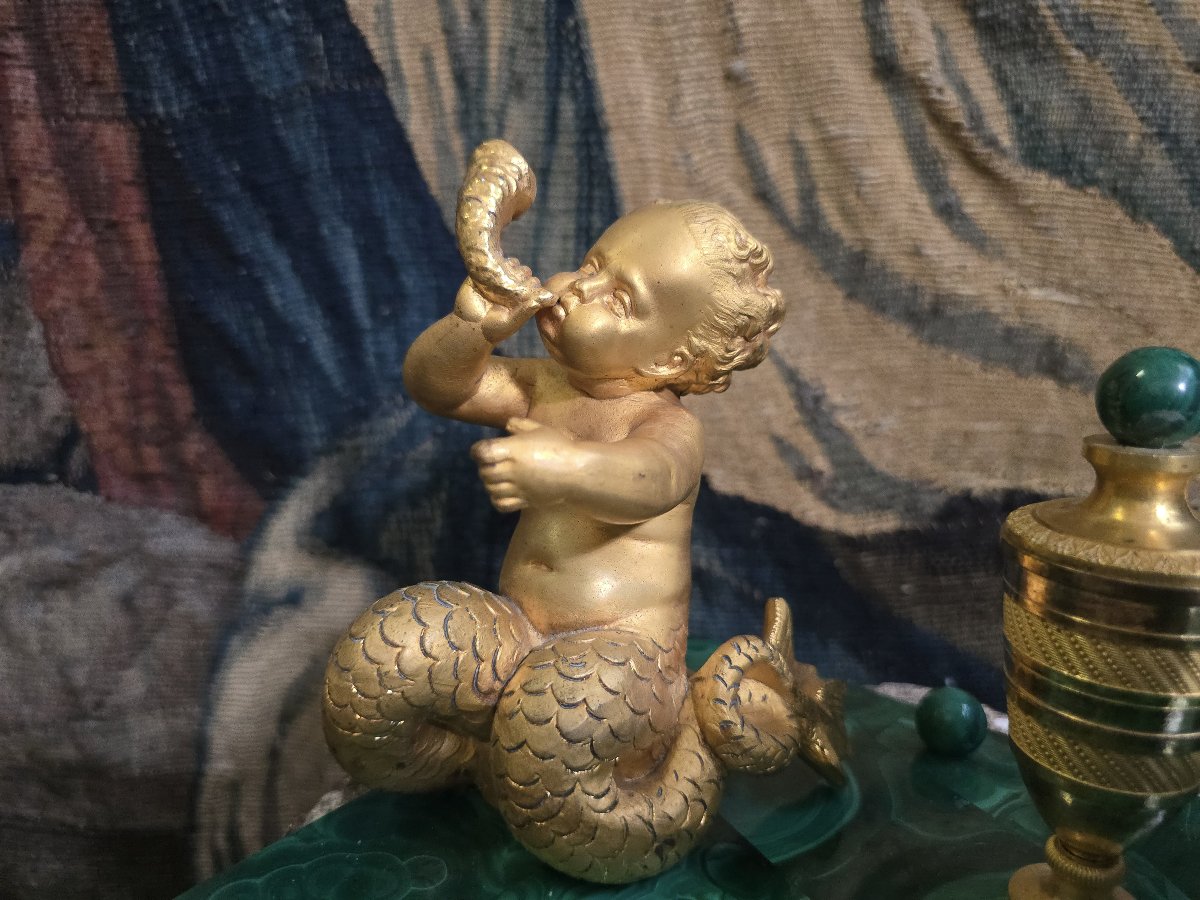 19th-century Italian Inkwell Made Of Malachite And Gilded Bronze (ground Gold) Featuring Cupid And A Mermaid – -photo-1