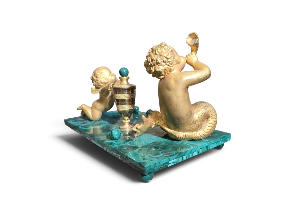 19th-century Italian Inkwell Made Of Malachite And Gilded Bronze (ground Gold) Featuring Cupid And A Mermaid – -photo-4