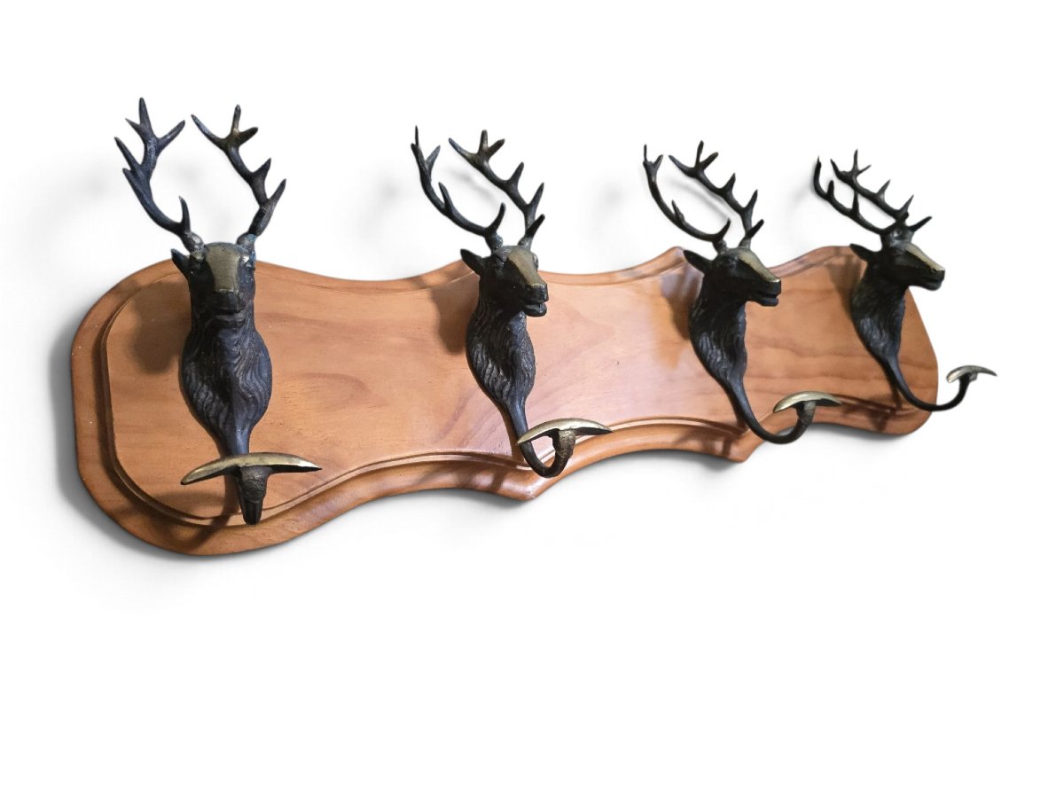 Vintage Spanish Wall-mounted Coat Rack With A Hunting Theme, Featuring Four Deer Heads Made Of Br-photo-3