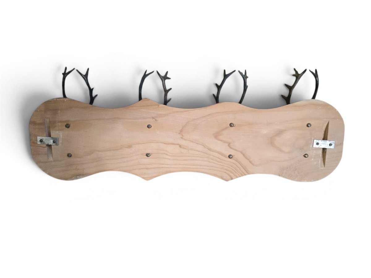 Vintage Spanish Wall-mounted Coat Rack With A Hunting Theme, Featuring Four Deer Heads Made Of Br-photo-1