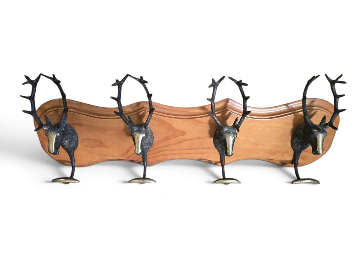 Vintage Spanish Wall-mounted Coat Rack With A Hunting Theme, Featuring Four Deer Heads Made Of Br-photo-2