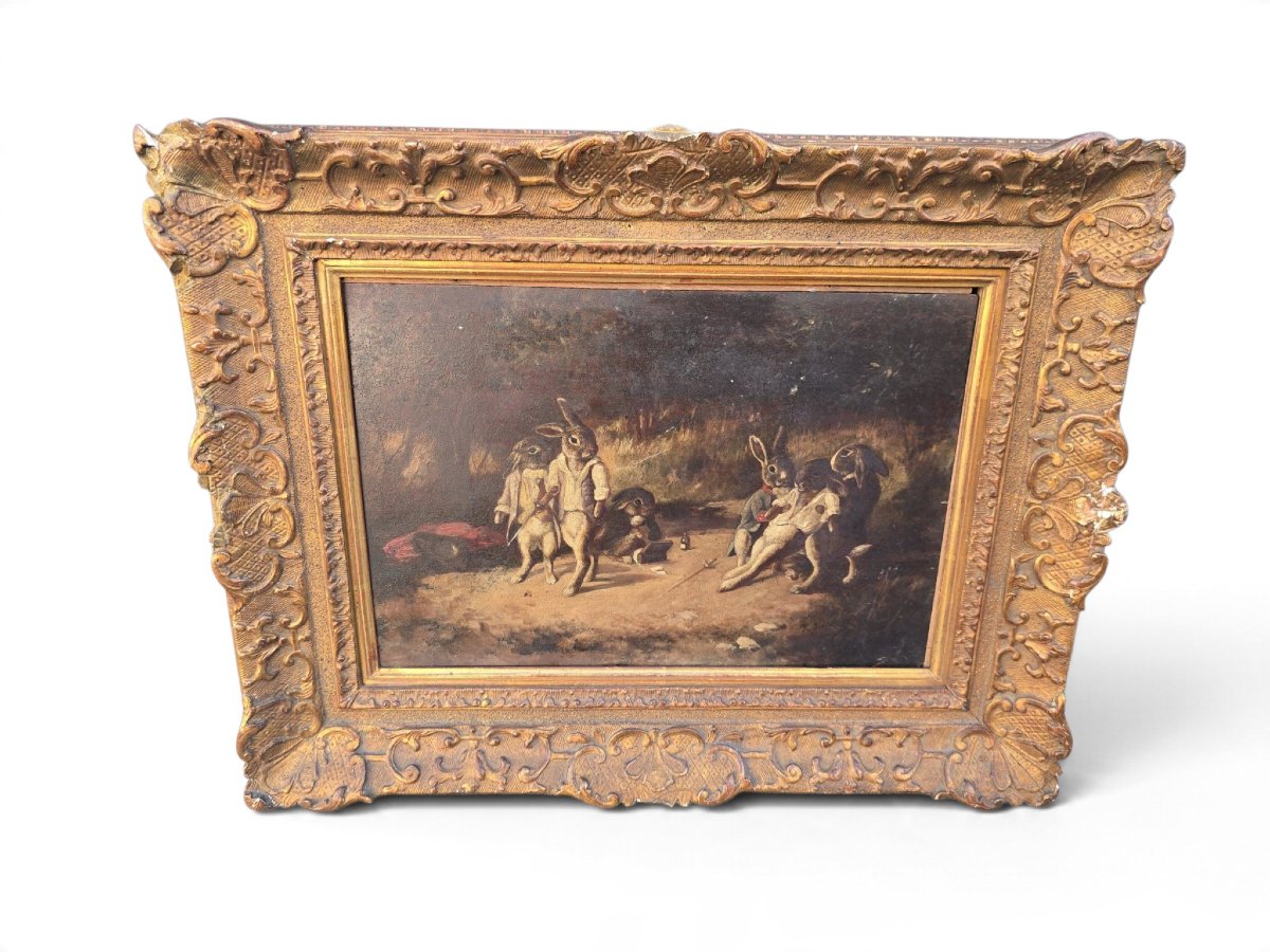 Huile sur panneau du XIXe siècle, « Le Duel des lapins », scène animalière anthropomorphe, sign-photo-2
