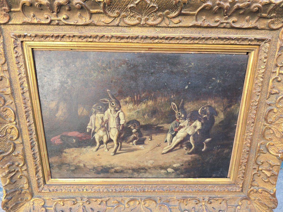 Huile sur panneau du XIXe siècle, « Le Duel des lapins », scène animalière anthropomorphe, sign-photo-4