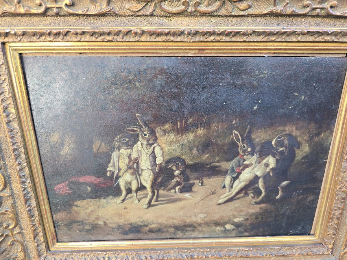 Huile sur panneau du XIXe siècle, « Le Duel des lapins », scène animalière anthropomorphe, sign-photo-2