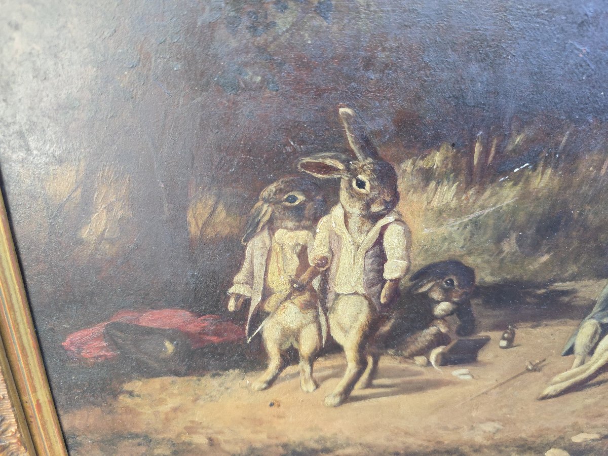 Huile sur panneau du XIXe siècle, « Le Duel des lapins », scène animalière anthropomorphe, sign-photo-3