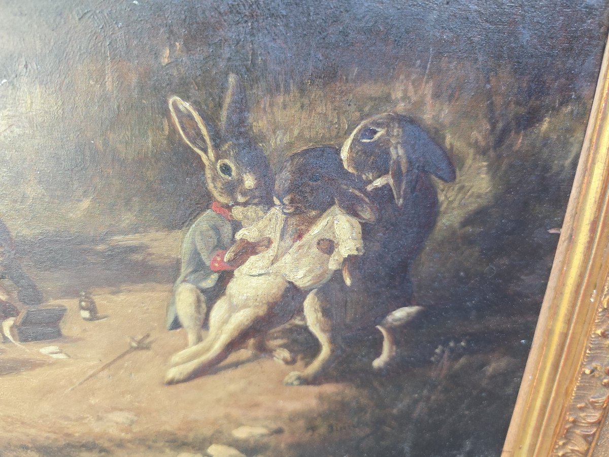 Huile sur panneau du XIXe siècle, « Le Duel des lapins », scène animalière anthropomorphe, sign-photo-5