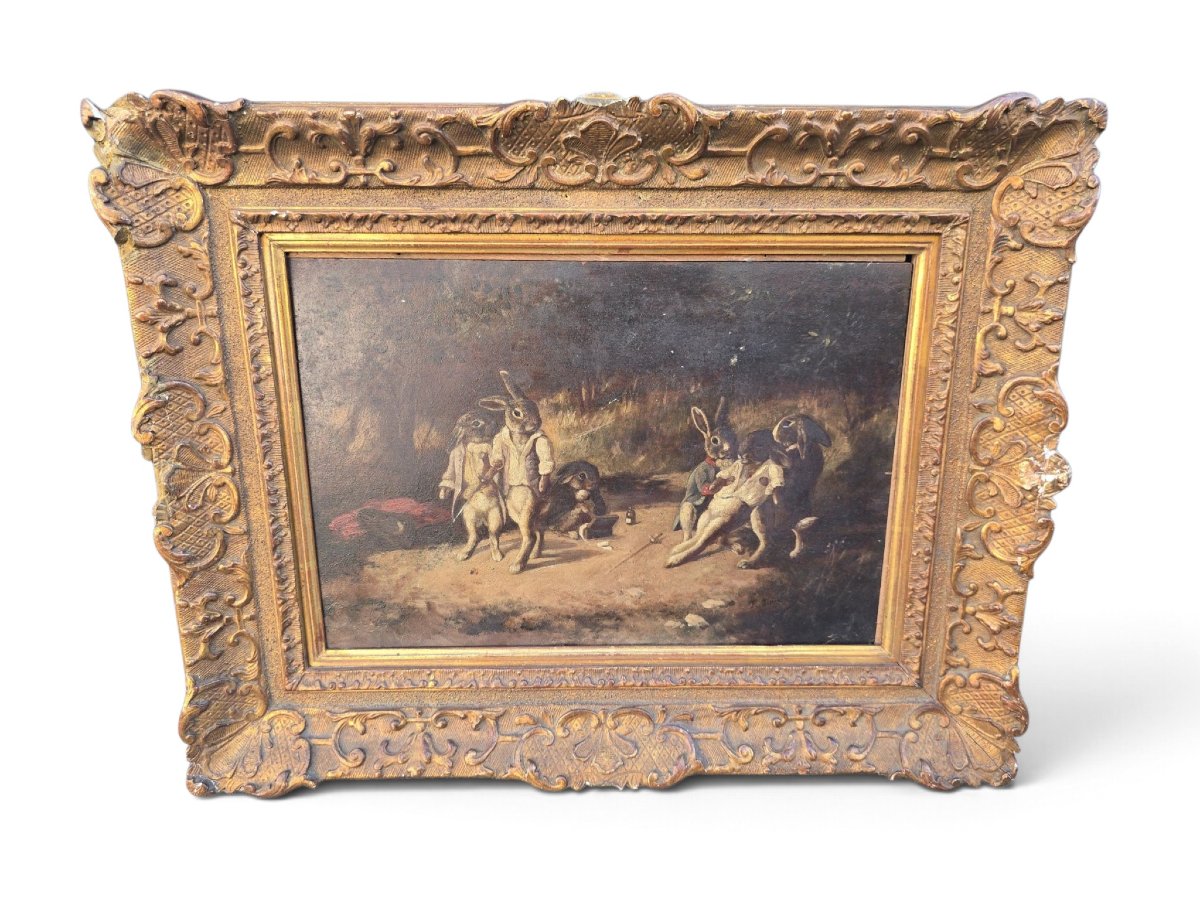 Huile sur panneau du XIXe siècle, « Le Duel des lapins », scène animalière anthropomorphe, sign