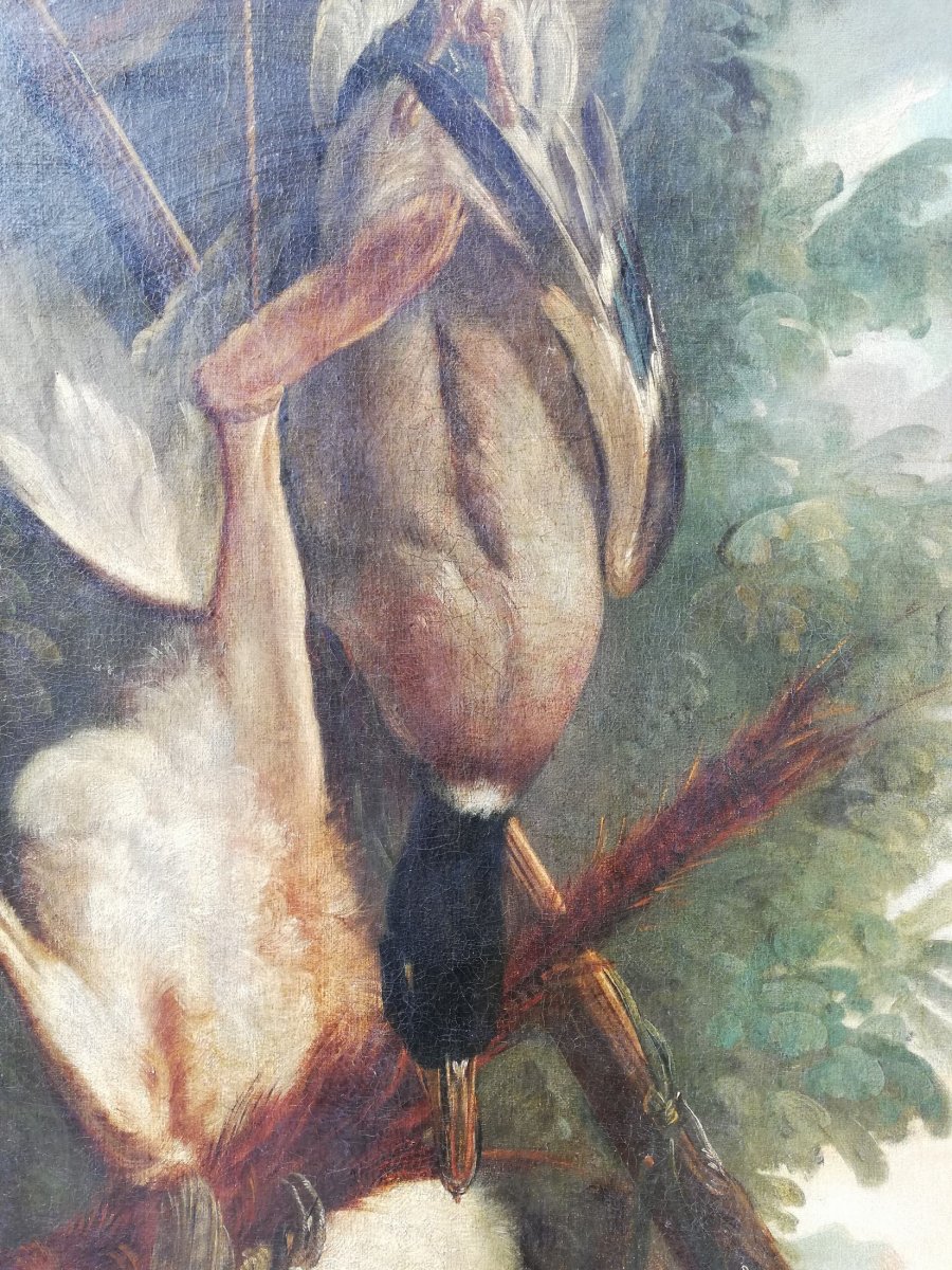 Large Oil On Canvas Trophy Hunting XVIII Eme-photo-2