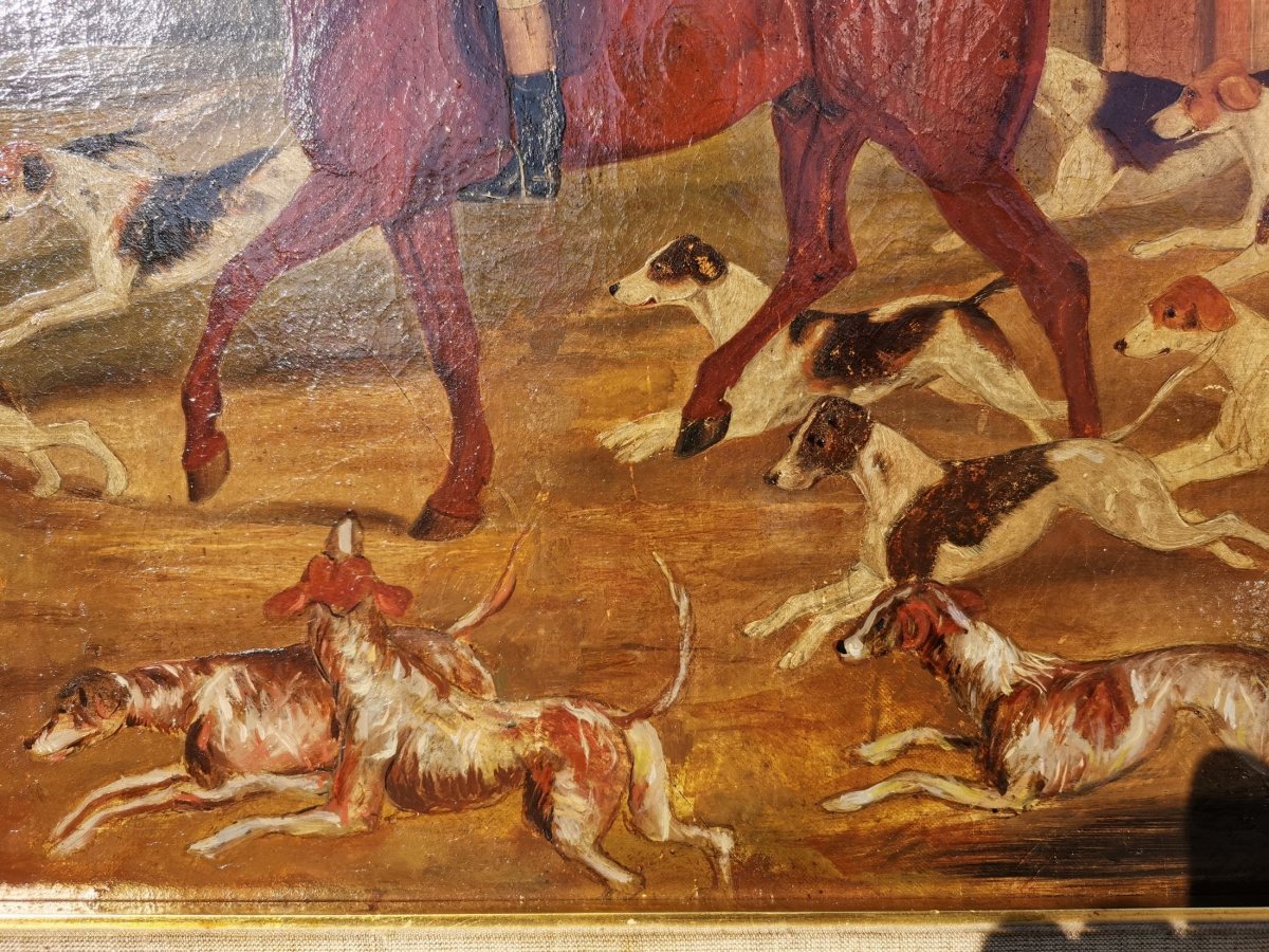 Impressionnant Peinture à l'Huile Antique De Chasse Au Renard Du XVIII-xix E Siècle-photo-3