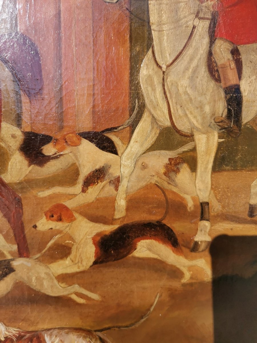 Impressionnant Peinture à l'Huile Antique De Chasse Au Renard Du XVIII-xix E Siècle-photo-1