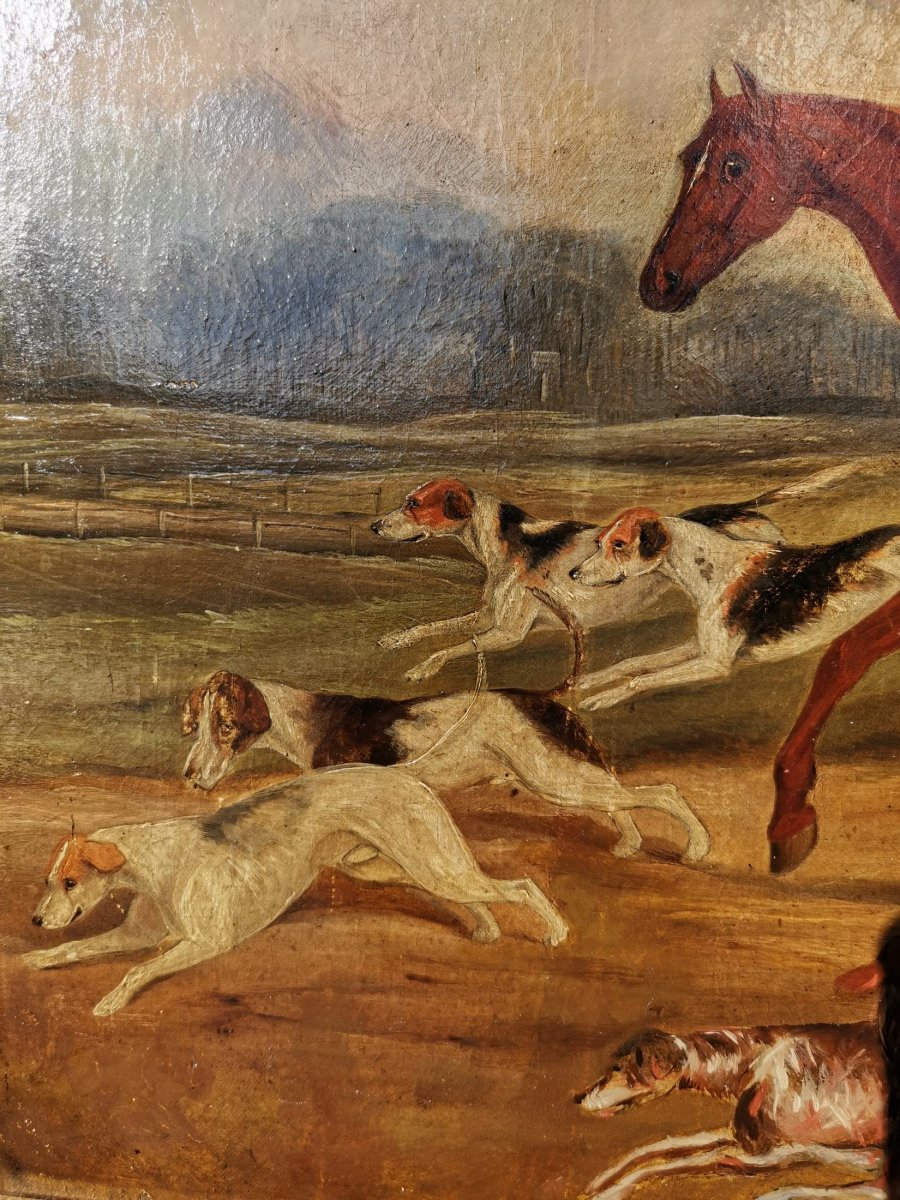 Impressionnant Peinture à l'Huile Antique De Chasse Au Renard Du XVIII-xix E Siècle-photo-2
