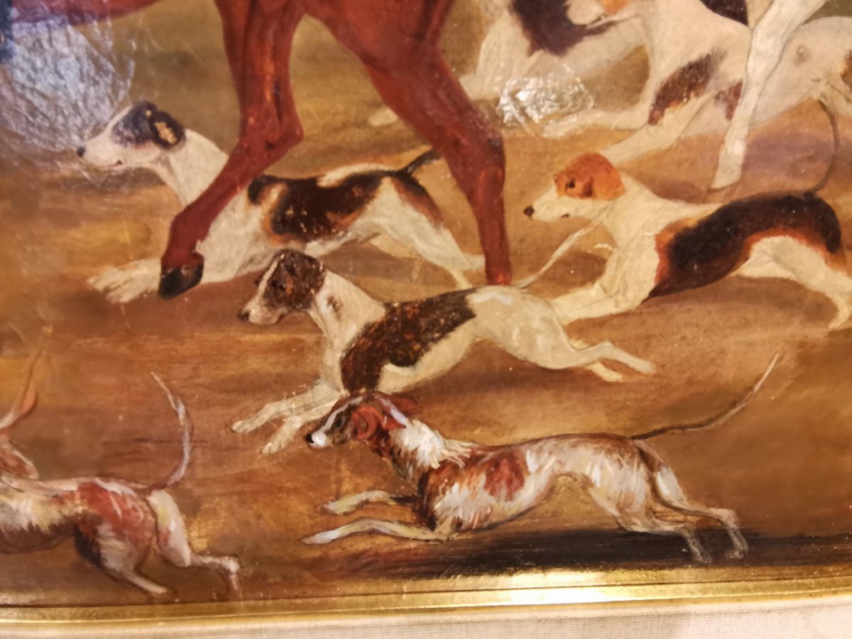 Impressionnant Peinture à l'Huile Antique De Chasse Au Renard Du XVIII-xix E Siècle-photo-8