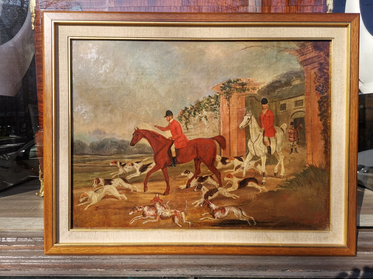 Impressionnant Peinture à l'Huile Antique De Chasse Au Renard Du XVIII-xix E Siècle