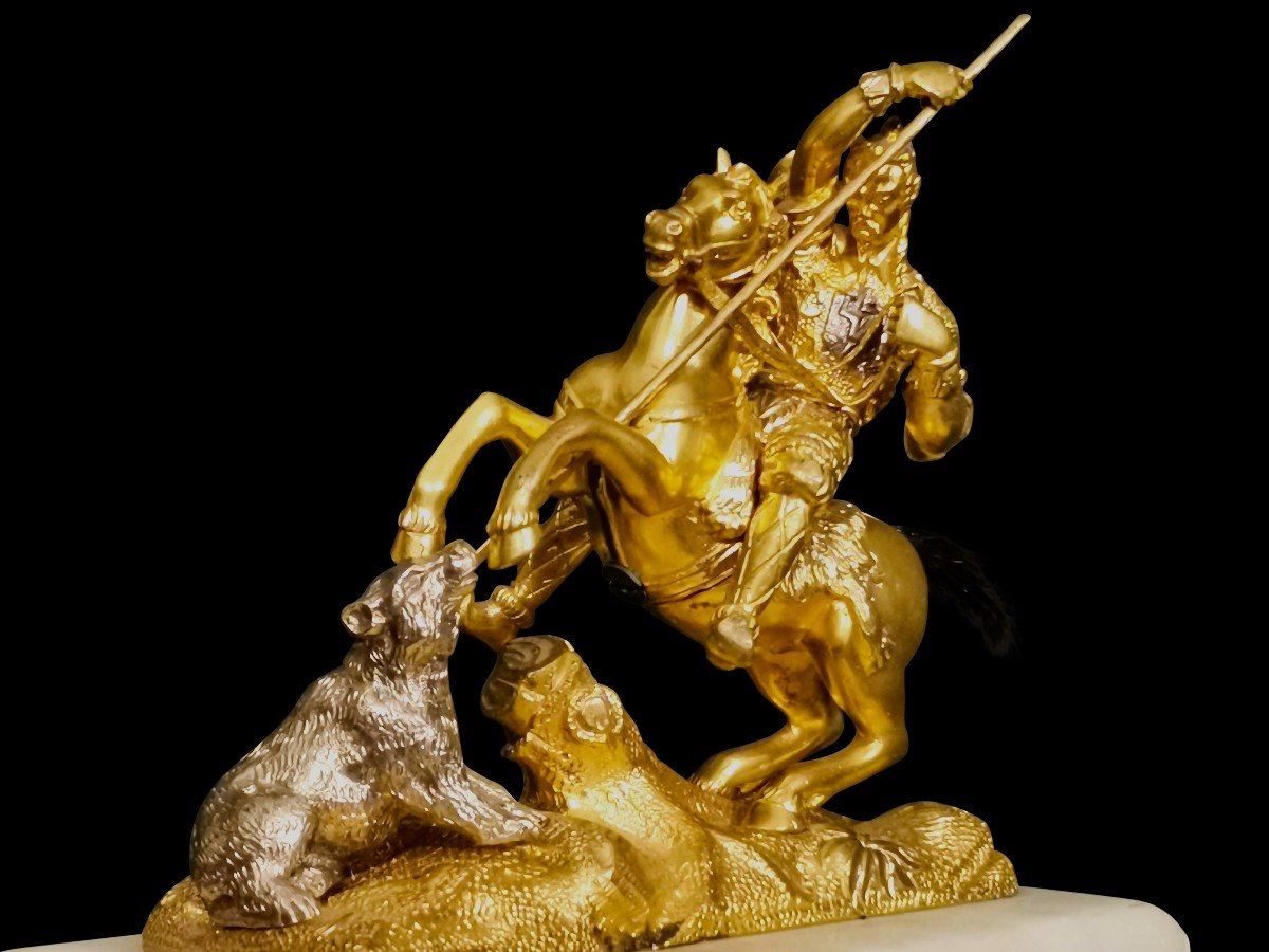 Asian Hunting Scene In Gilt Bronze XIX Eme-photo-2