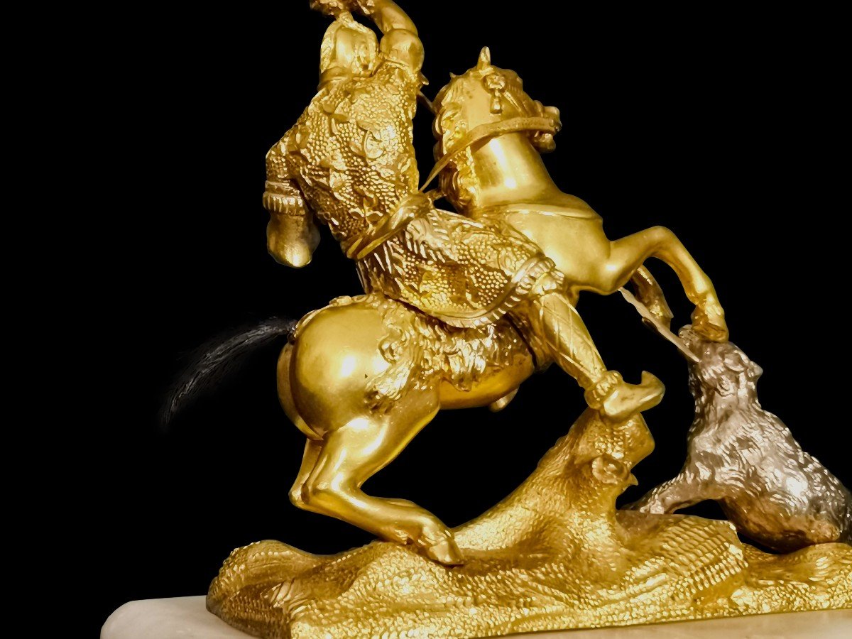 Asian Hunting Scene In Gilt Bronze XIX Eme-photo-1