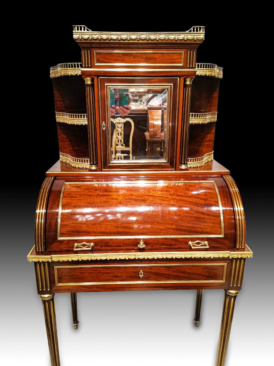 Muséal Bureau Bonheur Du Jour A Parisian Cylinder Louis XVI Period In Mahogany-photo-2