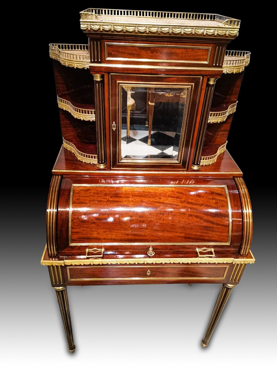 Muséal Bureau Bonheur Du Jour A Parisian Cylinder Louis XVI Period In Mahogany-photo-3