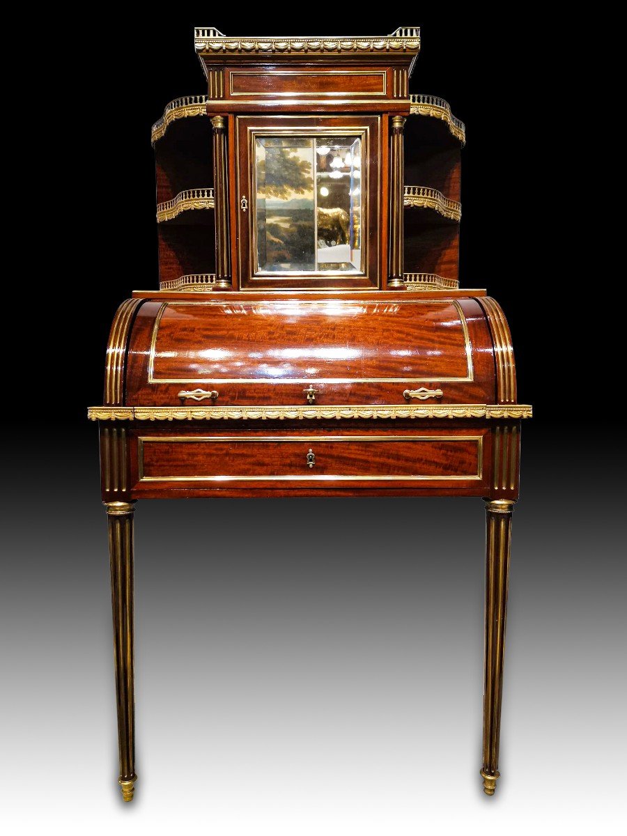 Muséal Bureau Bonheur Du Jour A Parisian Cylinder Louis XVI Period In Mahogany-photo-4