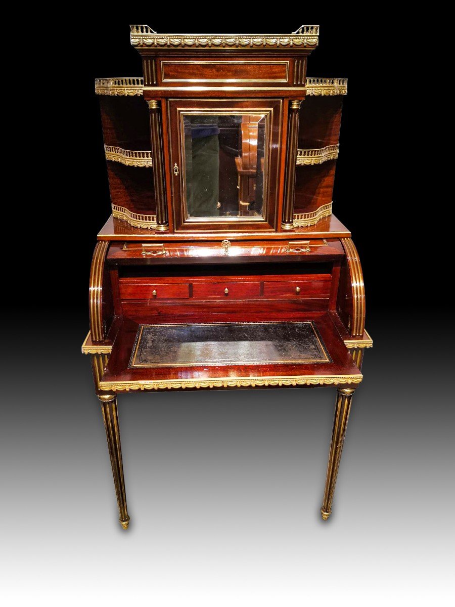 Muséal Bureau Bonheur Du Jour A Parisian Cylinder Louis XVI Period In Mahogany-photo-1