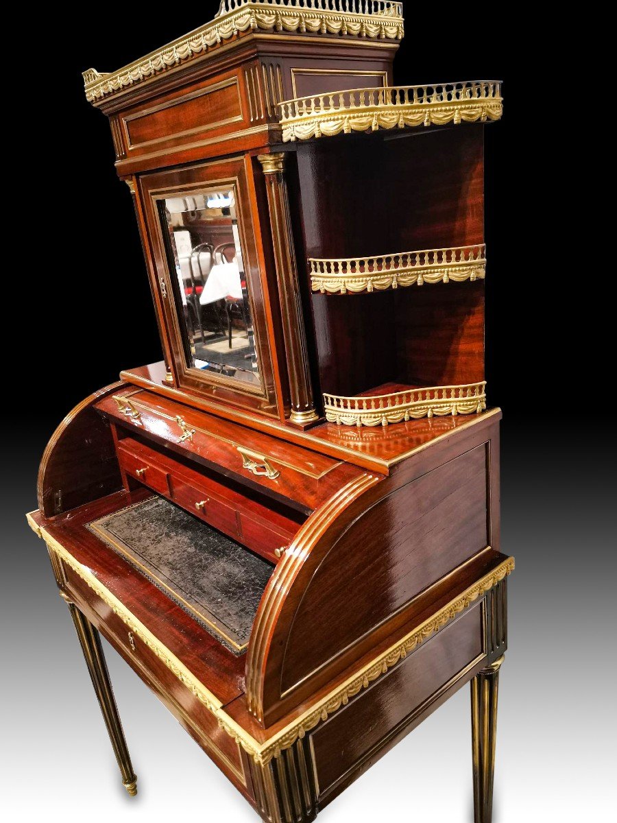 Muséal Bureau Bonheur Du Jour A Parisian Cylinder Louis XVI Period In Mahogany-photo-4