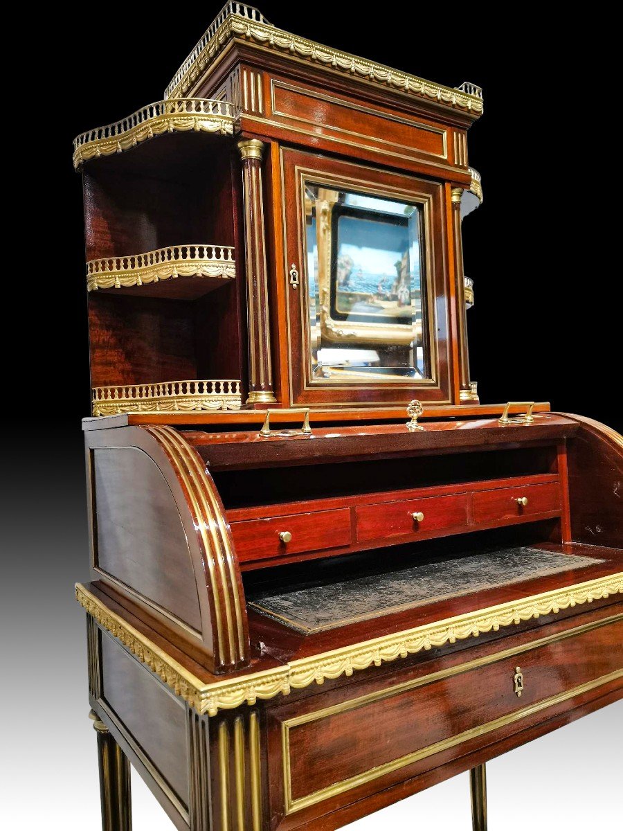 Muséal Bureau Bonheur Du Jour A Parisian Cylinder Louis XVI Period In Mahogany-photo-7