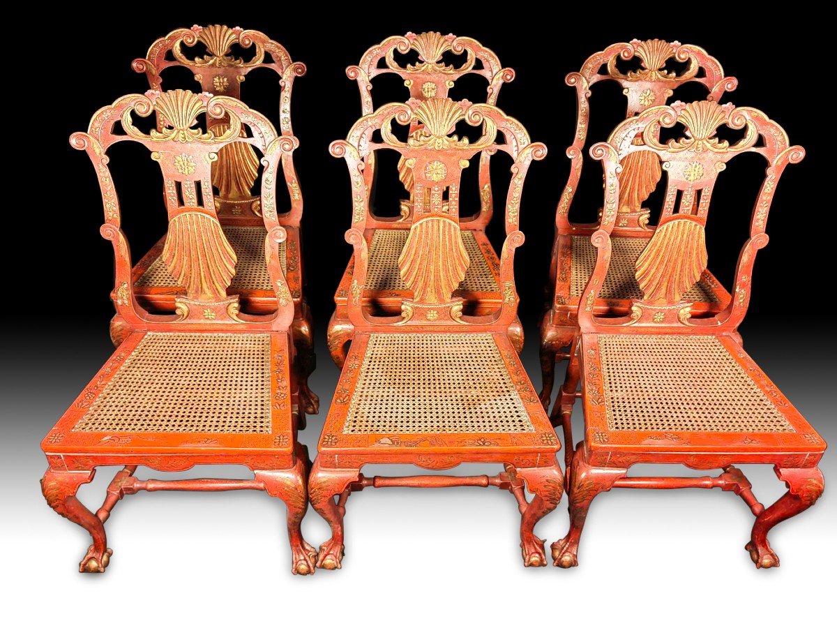 Six sieges De Georges II Chaises d'Appoint Japonaises Rouges Et Dorees-photo-3