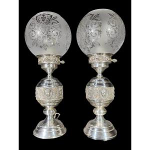 Pair Of Lamps In Sterling Silver With Filigree