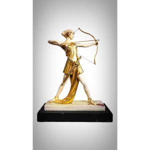 Chryselephantine Sculpture, Gilt Bronze And Ivory Resting On An Onyx Base, Representative D