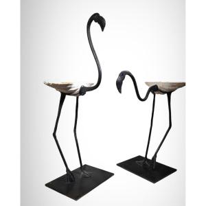 Wrought Iron Sculptures Of Life Size Flamingos