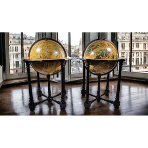 Paire De Grands Globes Antiques De Librairie Italienne