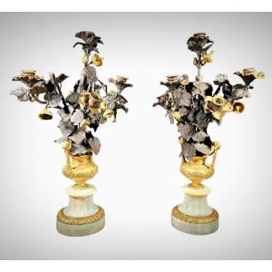 Superb Gilt Bronze Vases With Flowers, Probably Italian From The 19th Century