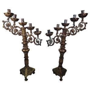 Pair Of Religious Bronze Candelabra From The 18th Century