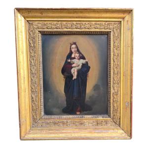 Oil On Copper — Virgin Mary With The Child Jesus, 18th Century With Carved Wooden Frame 