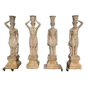 Ensemble De 4 Sculptures De Jardin En Marbre Travertin – Faunes, Italie, Années 1970