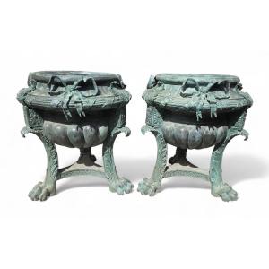 Pair Of Large Patinated Bronze Planters With Floral Motifs